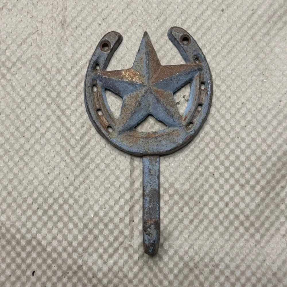 Rustic Cast Iron Horseshoe Texas Star Wall Hook Western Farmhouse Decor Brown